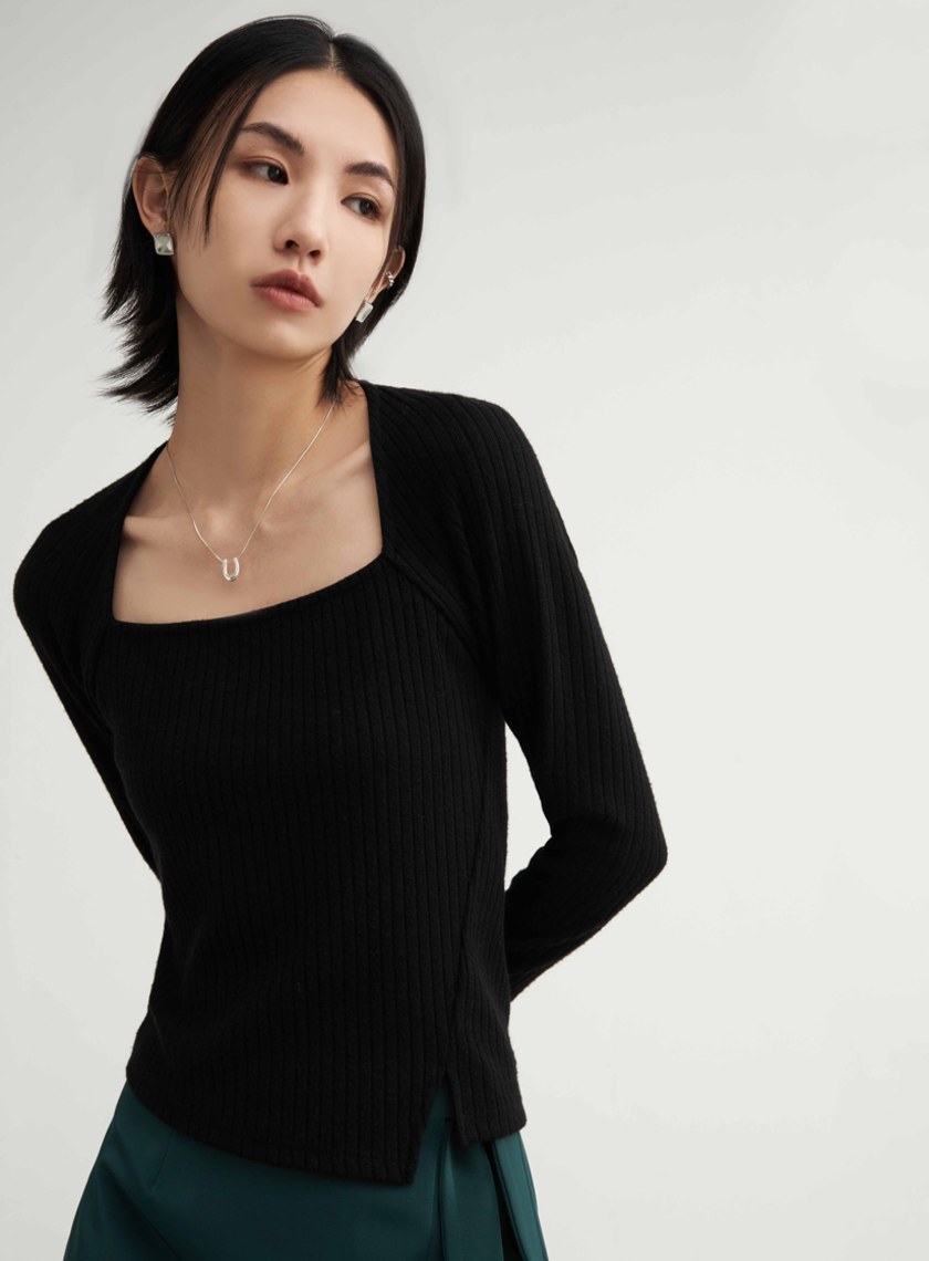 優雅方領坑條親膚長袖上衣